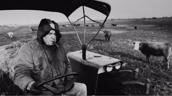 Movie still from “The Thin Blue Line” (1988), directed by Errol Morris – An older man sitting in a tractor with cows in the background; Medium shot, High angle