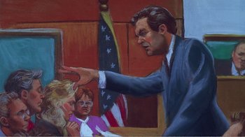 Movie still from “The Thin Blue Line” (1988), directed by Errol Morris – A painting of a man in a court room; Medium shot, Over the shoulder angle