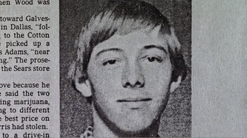 Movie still from “The Thin Blue Line” (1988), directed by Errol Morris – A black and white photo of a young man; Extreme Close Up shot, Overhead angle