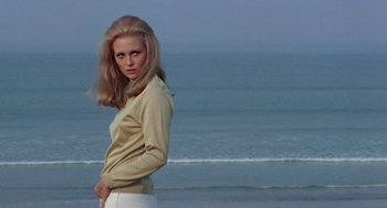 Movie still from “The Thomas Crown Affair” (1968), directed by Norman Jewison – A woman standing on the beach in front of the ocean; Medium shot, Low angle
