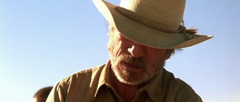 Movie still from “The Three Burials of Melquiades Estrada” (2005), directed by Tommy Lee Jones – A person wearing a cowboy hat; Close Up shot, Low angle