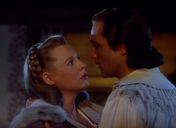 Movie still from “The Three Musketeers” (1948), directed by George Sidney – A man and a woman looking into each others eyes; Close Up shot, Over the shoulder angle