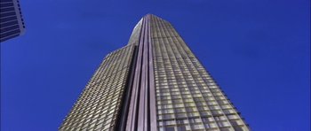 Movie still from “The Towering Inferno” (1974), directed by John Guillermin – A very tall skyscraper that is very tall; Extreme Wide shot, Low angle