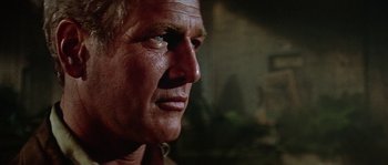 Movie still from “The Towering Inferno” (1974), directed by John Guillermin – An older man with a beard and a mustache; Close Up shot, Low angle