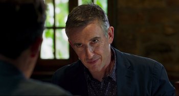 Movie still from “The Trip to Spain” (2017), directed by Michael Winterbottom – A person wearing a suit; Close Up shot, Over the shoulder angle