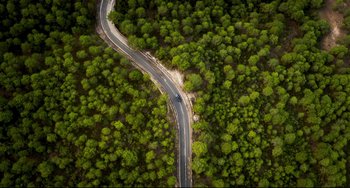 Movie still from “The Trip to Spain” (2017), directed by Michael Winterbottom – An aerial view of a car driving down a curvy road through the woods; Extreme Wide shot, Overhead angle