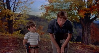Movie still from “The Trouble with Harry” (1955), directed by Alfred Hitchcock – A young boy and a young man standing next to each other in front of trees; Medium shot, Low angle