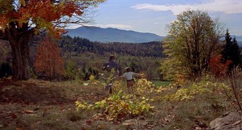 Movie still from “The Trouble with Harry” (1955), directed by Alfred Hitchcock – A man and a boy playing frisbee in a field; Extreme Wide shot, High angle
