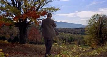 Movie still from “The Trouble with Harry” (1955), directed by Alfred Hitchcock – An older man in a suit walking in the woods; Extreme Wide shot, High angle