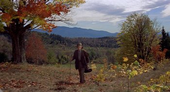 Movie still from “The Trouble with Harry” (1955), directed by Alfred Hitchcock – A man with a hat and a cane walking through a field; Wide shot, High angle