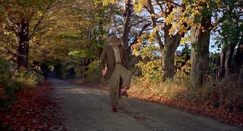Movie still from “The Trouble with Harry” (1955), directed by Alfred Hitchcock – A man walking down a dirt road with a cane; Wide shot, Low angle