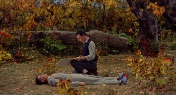 Movie still from “The Trouble with Harry” (1955), directed by Alfred Hitchcock – A man kneeling down next to a dead body; Wide shot, High angle