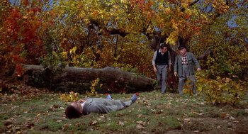 Movie still from “The Trouble with Harry” (1955), directed by Alfred Hitchcock – A man laying on the ground next to a tree; Wide shot, High angle