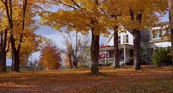 Movie still from “The Trouble with Harry” (1955), directed by Alfred Hitchcock – A white house sitting in the middle of a field with yellow leaves on the ground; Extreme Wide shot, Low angle