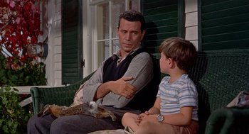 Movie still from “The Trouble with Harry” (1955), directed by Alfred Hitchcock – A man and a boy sitting on a porch with an animal; Medium shot, Over the shoulder angle