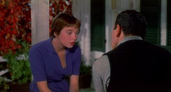 Movie still from “The Trouble with Harry” (1955), directed by Alfred Hitchcock – A woman sitting next to a man on a porch; Close Up shot, Over the shoulder angle