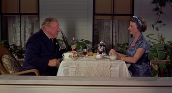 Movie still from “The Trouble with Harry” (1955), directed by Alfred Hitchcock – A man and a woman sitting at a dinner table; Medium shot, High angle