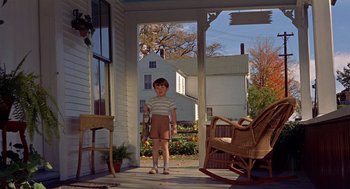 Movie still from “The Trouble with Harry” (1955), directed by Alfred Hitchcock – A boy holding a skateboard on the porch of a house; Wide shot, Low angle