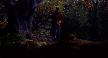 Movie still from “The Trouble with Harry” (1955), directed by Alfred Hitchcock – A woman in a red and blue dress standing in a forest; Wide shot, High angle