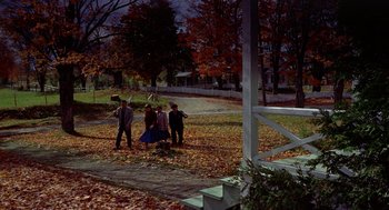 Movie still from “The Trouble with Harry” (1955), directed by Alfred Hitchcock – A group of people standing on top of a grass covered field; Extreme Wide shot, High angle