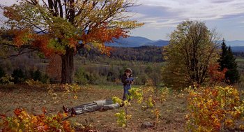 Movie still from “The Trouble with Harry” (1955), directed by Alfred Hitchcock – A man laying on the ground next to a tree; Extreme Wide shot, High angle