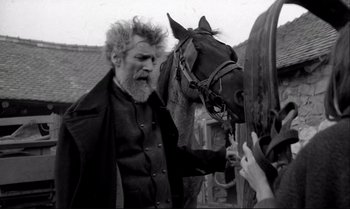 Movie still from “The Turin Horse” (2011), directed by Ágnes Hranitzky – An old man with a beard is petting a horse; Medium shot, Over the shoulder angle