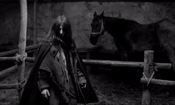 Movie still from “The Turin Horse” (2011), directed by Ágnes Hranitzky – A person standing next to a horse in a stable; Medium shot, High angle