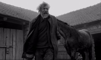 Movie still from “The Turin Horse” (2011), directed by Ágnes Hranitzky – An old man with a beard and a horse; Medium shot, Low angle