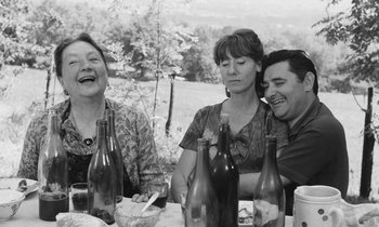 Movie still from “The Two of Us” (1967), directed by Claude Berri – A group of people sitting at a table with wine bottles; Medium shot, Over the shoulder angle