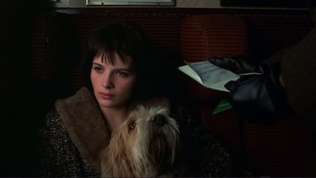 Movie still from “The Unbearable Lightness of Being” (1988), directed by Philip Kaufman – A woman sitting on a couch with a dog; Close Up shot, High angle