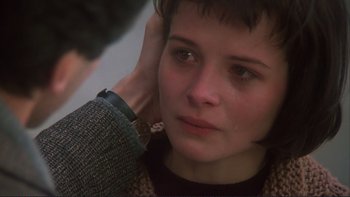 Movie still from “The Unbearable Lightness of Being” (1988), directed by Philip Kaufman – A person touching a woman's face with a hand; Close Up shot, Over the shoulder angle