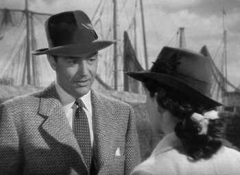 Movie still from “The Uninvited” (1944), directed by Lewis Allen – A man and a woman wearing hats talking to each other; Close Up shot, Over the shoulder angle