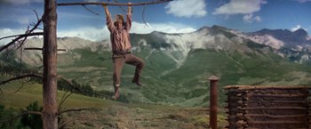 Movie still from “The Unsinkable Molly Brown” (1964), directed by Charles Walters – A man hanging from a tree branch in the middle of a field; Wide shot, Low angle