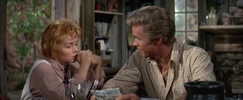 Movie still from “The Unsinkable Molly Brown” (1964), directed by Charles Walters – A man and a woman sitting at a dinner table; Close Up shot, Over the shoulder angle