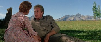 Movie still from “The Unsinkable Molly Brown” (1964), directed by Charles Walters – A man and a woman sitting in a grassy field; Medium shot, Low angle