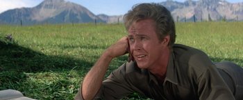 Movie still from “The Unsinkable Molly Brown” (1964), directed by Charles Walters – A man laying in the grass with his hand to his face; Close Up shot, Over the shoulder angle