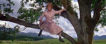 Movie still from “The Unsinkable Molly Brown” (1964), directed by Charles Walters – A woman in a pink dress sitting on a tree branch; Wide shot, Low angle