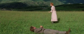 Movie still from “The Unsinkable Molly Brown” (1964), directed by Charles Walters – A man laying in the grass next to a woman in a pink dress; Wide shot, High angle