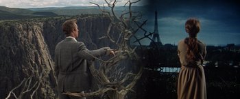 Movie still from “The Unsinkable Molly Brown” (1964), directed by Charles Walters – A man in a suit pointing to a picture of the eiffel tower; Wide shot, Low angle