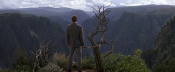 Movie still from “The Unsinkable Molly Brown” (1964), directed by Charles Walters – A man standing on top of a hill next to a tree; Extreme Wide shot, High angle