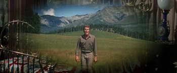 Movie still from “The Unsinkable Molly Brown” (1964), directed by Charles Walters – A man standing in front of a field with mountains in the background; Wide shot, Low angle