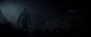 Movie still from “The Veil” (2016), directed by Phil Joanou – A man standing in the dark near some bushes; Wide shot, Low angle