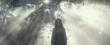 Movie still from “The Veil” (2016), directed by Phil Joanou – A woman standing in front of a tree in the fog; Medium shot, Low angle