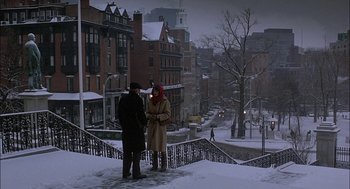 Movie still from “The Verdict” (1982), directed by Sidney Lumet – Two people standing in the snow talking to each other; Extreme Wide shot, High angle