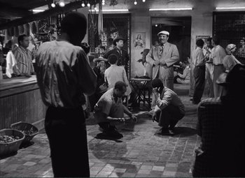 Movie still from “The Wages of Fear” (1953), directed by Henri-Georges Clouzot – A black and white photo of a group of people in a room; Wide shot, High angle