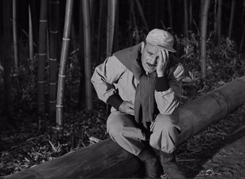Movie still from “The Wages of Fear” (1953), directed by Henri-Georges Clouzot – A man sitting on top of a log in the woods; Medium shot, High angle