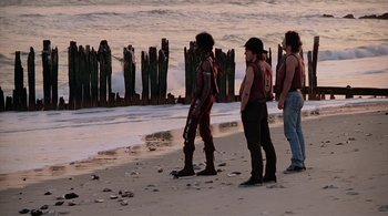 Movie still from “The Warriors” (1979), directed by Walter Hill – A group of people standing on a beach near the water; Wide shot, Low angle