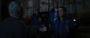Movie still from “The Watch” (2012), directed by Akiva Schaffer – A group of people standing in the woods at night; Medium shot, Over the shoulder angle