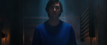 Movie still from “The Watch” (2012), directed by Akiva Schaffer – A man in a blue shirt is looking at the camera; Close Up shot, Low angle