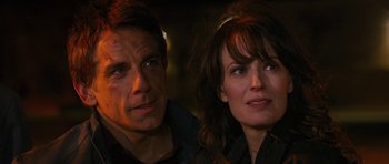 Movie still from “The Watch” (2012), directed by Akiva Schaffer – A man and a woman looking at the camera; Close Up shot, Over the shoulder angle